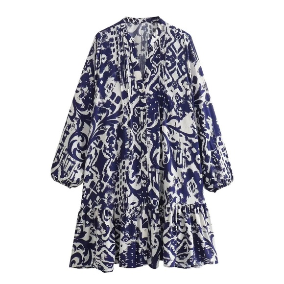 Zara Dresses & Skirts - Zara Navy White Mixed Print Midi Dress Flowy Comfy Designer Work Wear Casual XL
